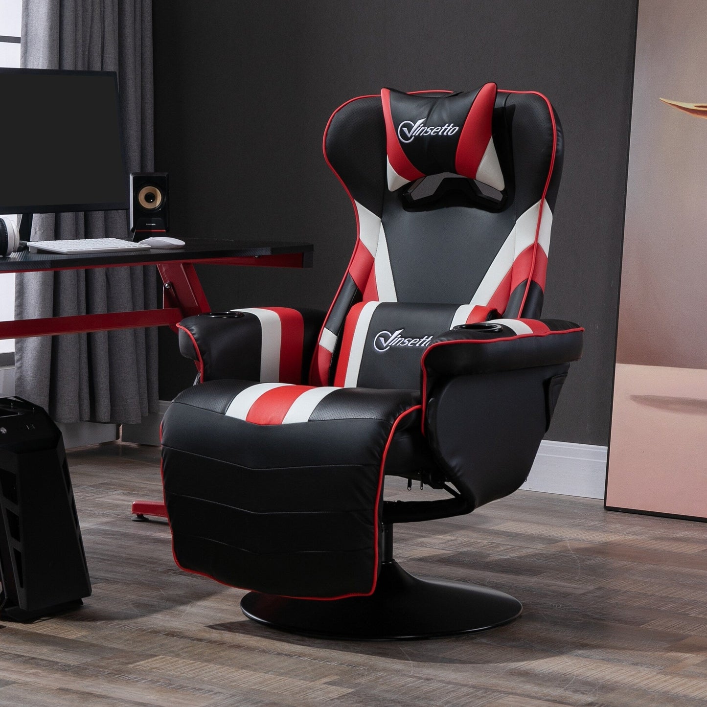 Fauteuil de jeu inclinable pivotant à 360°, style course, avec support lombaire, repose-pieds et deux porte-gobelets pour salle de jeux