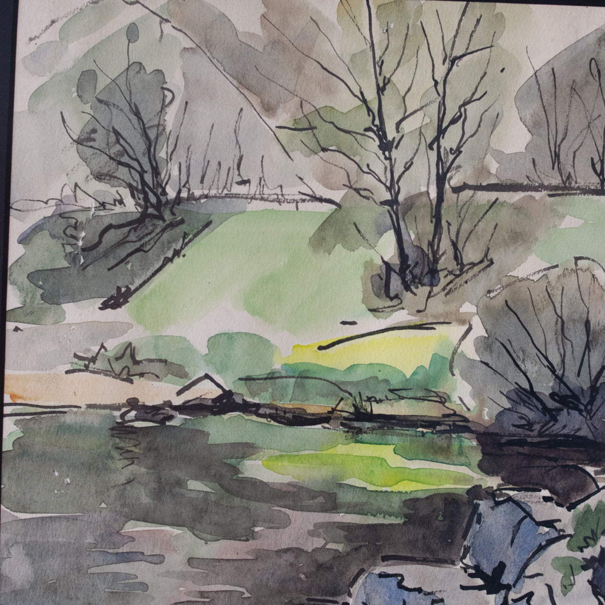 Aquarelle encadrée avec étang et arbres | Datée de 1960