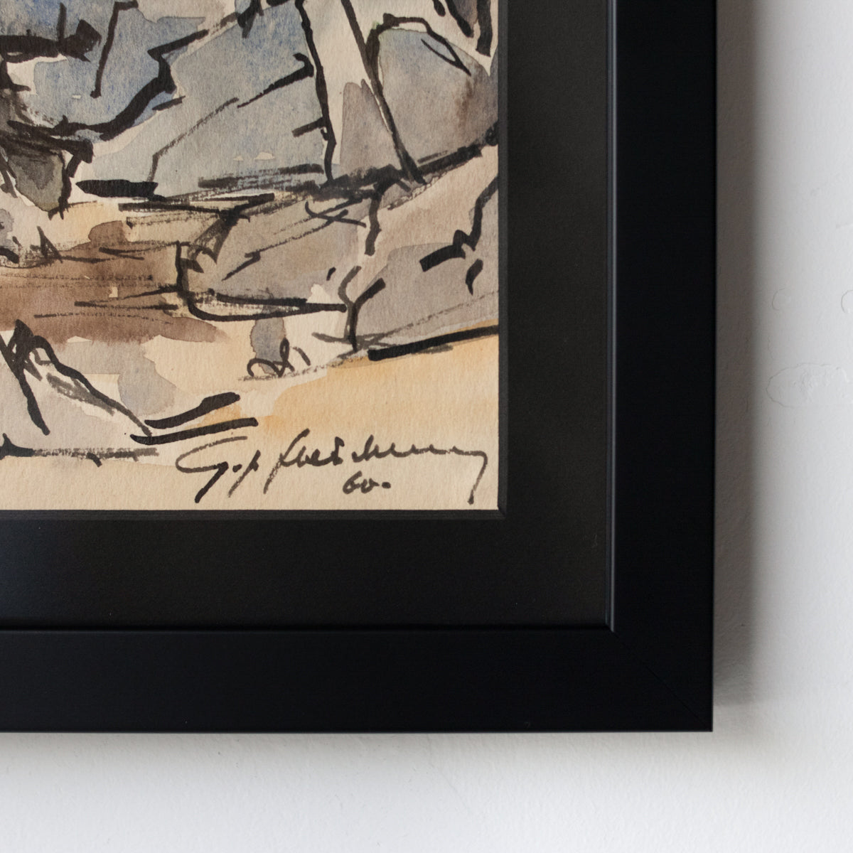Aquarelle encadrée avec étang et arbres | Datée de 1960