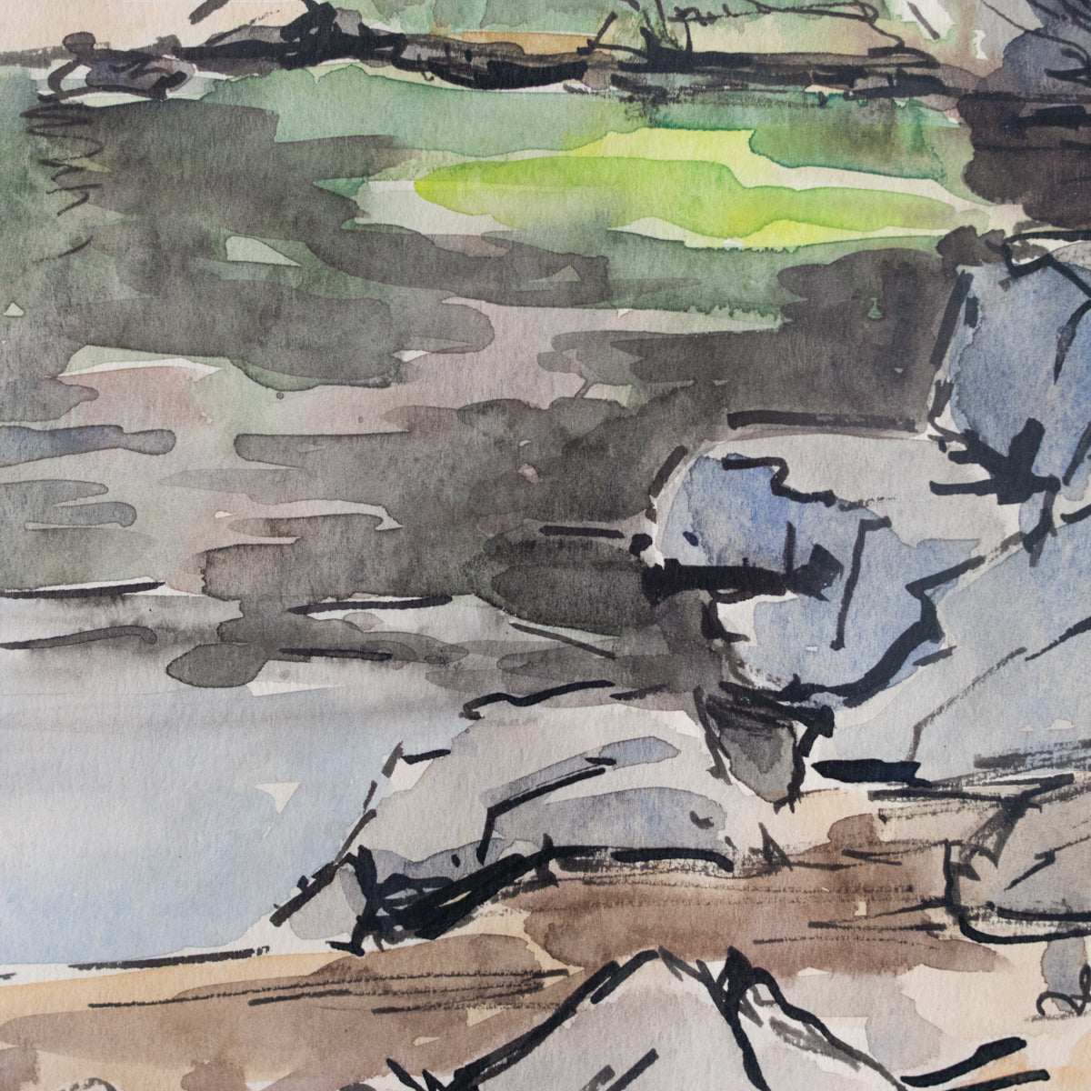 Aquarelle encadrée avec étang et arbres | Datée de 1960