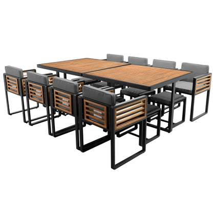 Ensemble de salle à manger de patio en bois d'acacia 18 pièces, 8 chaises rembourrées, 8 poufs et 2 tables carrées