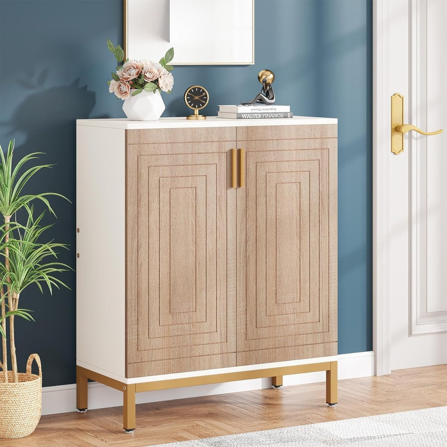 Meuble à chaussures moderne de 95 cm avec portes, blanc et doré, pour 20 paires de chaussures