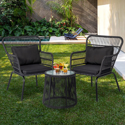 Ensemble de bistrot d'extérieur 3 pièces en osier, mobilier de jardin en rotin toutes saisons, chaises de patio avec coussins
