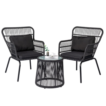 Ensemble de bistrot d'extérieur 3 pièces en osier, mobilier de jardin en rotin toutes saisons, chaises de patio avec coussins