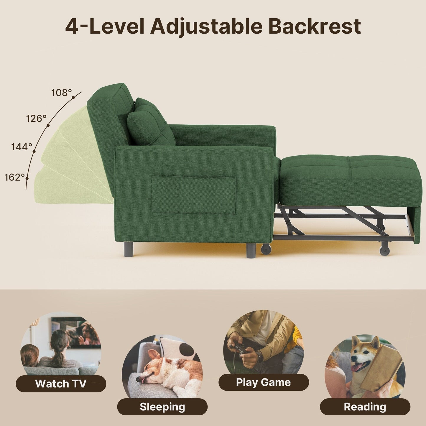 Canapé-lit 3 en 1 réglable, canapé-lit gigogne, convertible et pliable pour salon