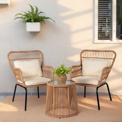 Ensemble de bistrot d'extérieur 3 pièces en osier, mobilier de jardin en rotin toutes saisons, chaises de patio avec coussins