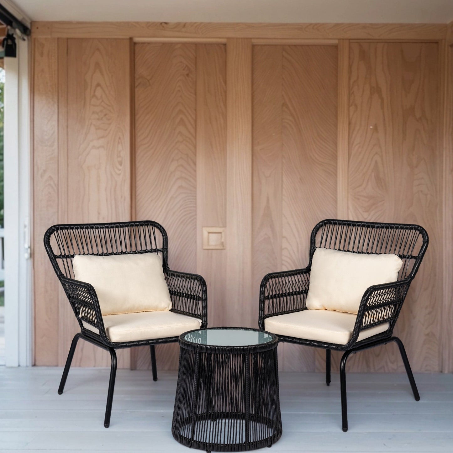 Ensemble de bistrot d'extérieur 3 pièces en osier, mobilier de jardin en rotin toutes saisons, chaises de patio avec coussins