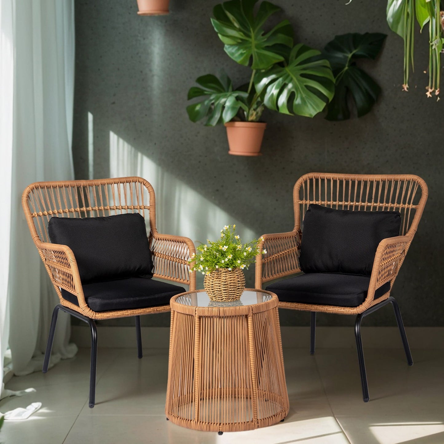 Ensemble de bistrot d'extérieur 3 pièces en osier, mobilier de jardin en rotin toutes saisons, chaises de patio avec coussins