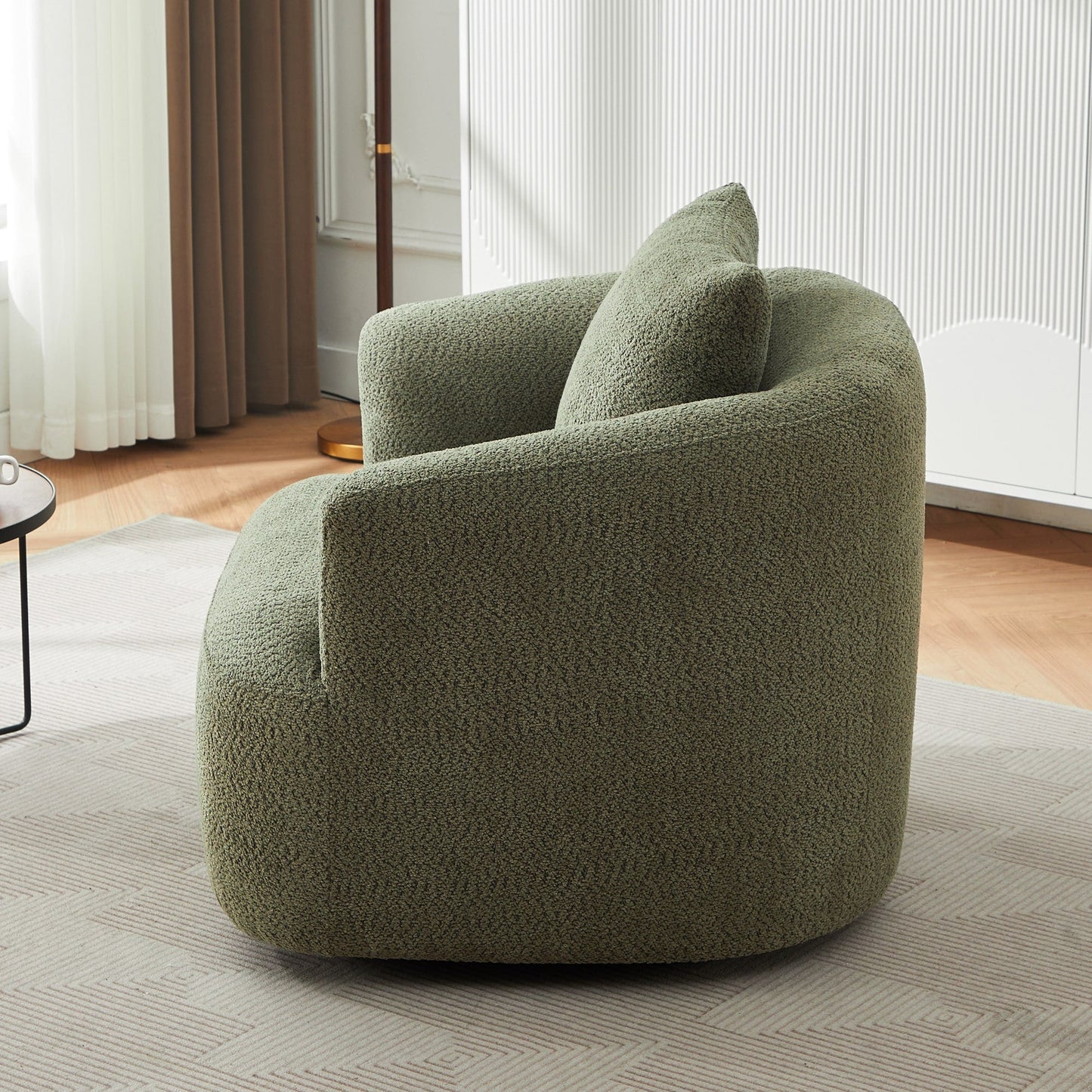Fauteuil pivotant à 360°, fauteuil d'appoint Boucle 38,2" avec coussin décoratif, fauteuil rembourré en forme de tonneau avec accoudoirs incurvés