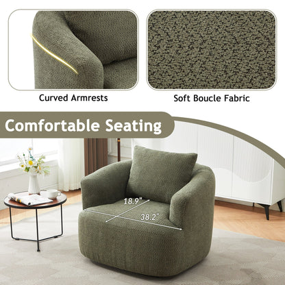 Fauteuil pivotant à 360°, fauteuil d'appoint Boucle 38,2" avec coussin décoratif, fauteuil rembourré en forme de tonneau avec accoudoirs incurvés