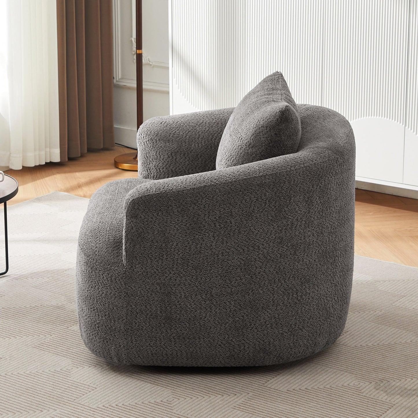 Fauteuil pivotant à 360°, fauteuil d'appoint Boucle 38,2" avec coussin décoratif, fauteuil rembourré en forme de tonneau avec accoudoirs incurvés