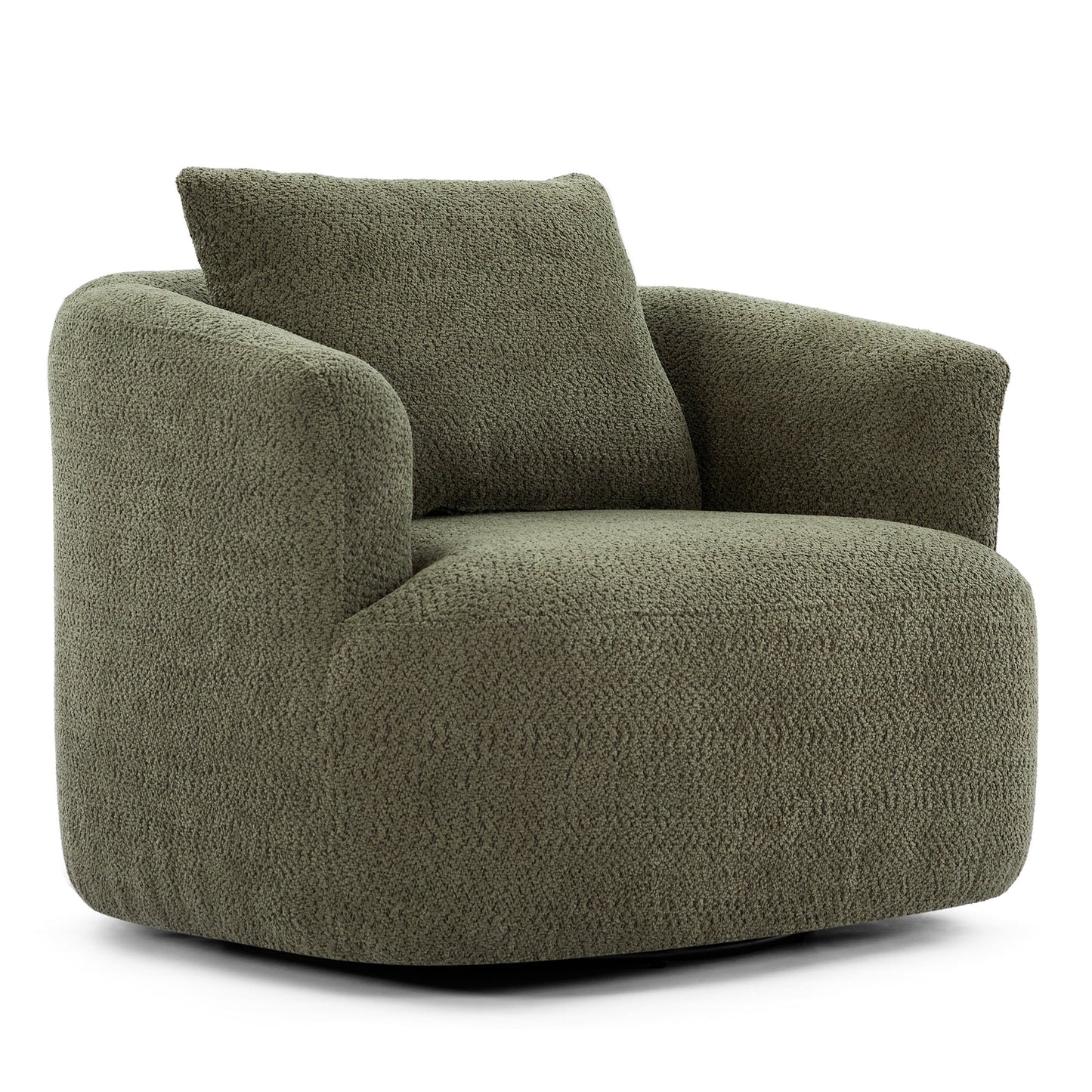 Fauteuil pivotant à 360°, fauteuil d'appoint Boucle 38,2" avec coussin décoratif, fauteuil rembourré en forme de tonneau avec accoudoirs incurvés