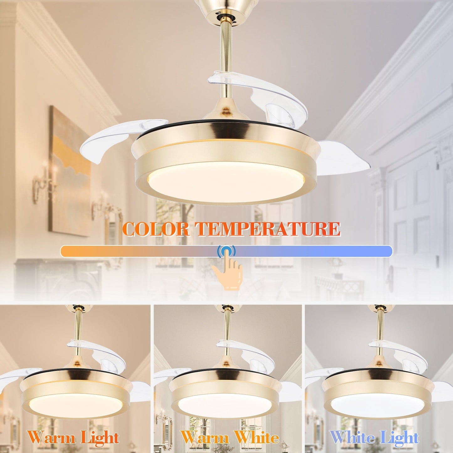 Ventilateur de plafond rétractable moderne Bella Depot 36 avec éclairage LED, pales réversibles à 6 vitesses et télécommande