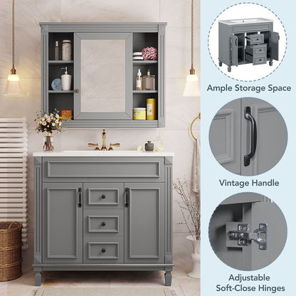 Meuble-lavabo moderne de 36 po avec lavabo supérieur et armoire à miroir, 2 portes et 2 tiroirs