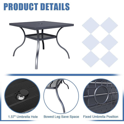 Table à manger rectangulaire en métal pour patio extérieur 60 x 37 avec trou pour parasol pour 6 personnes