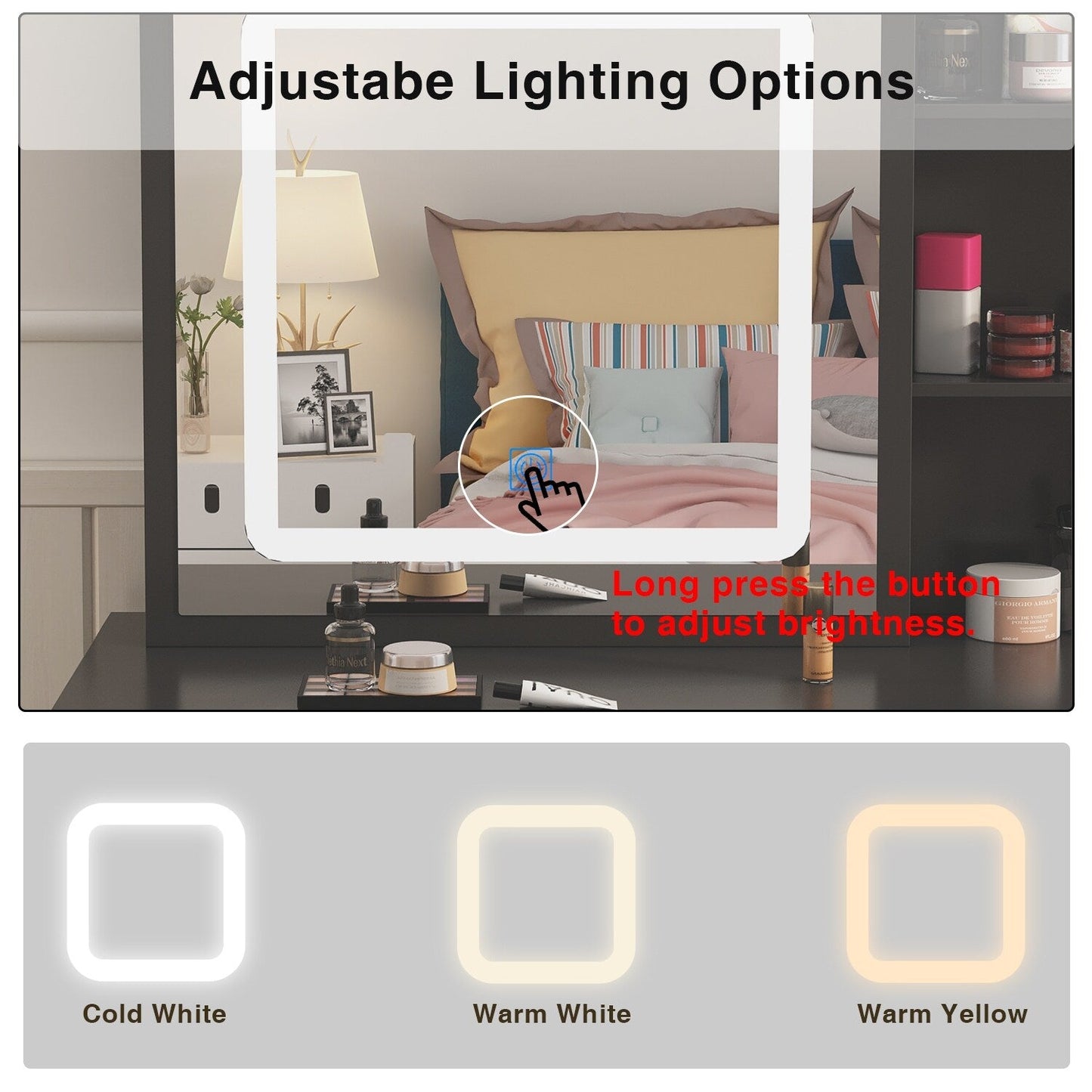 Ensemble de coiffeuse de maquillage de 39,4 po de large avec tabouret et miroir