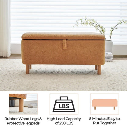 Banc ottoman de rangement en sherpa blanc cassé, repose-pieds, pour salon, chambre à coucher, pieds en bois