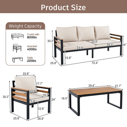 Ensemble de canapés d'extérieur 4 pièces pour 5 personnes avec coussin amovible et table basse en bois massif