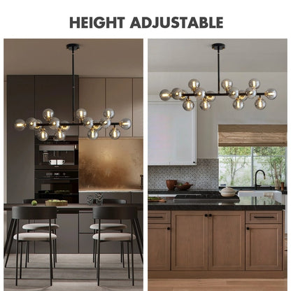 Lustre linéaire moderne du milieu du siècle de 40 po, suspension Spoutnik à 16 ampoules en laiton doré avec globe en verre dépoli pour salle à manger