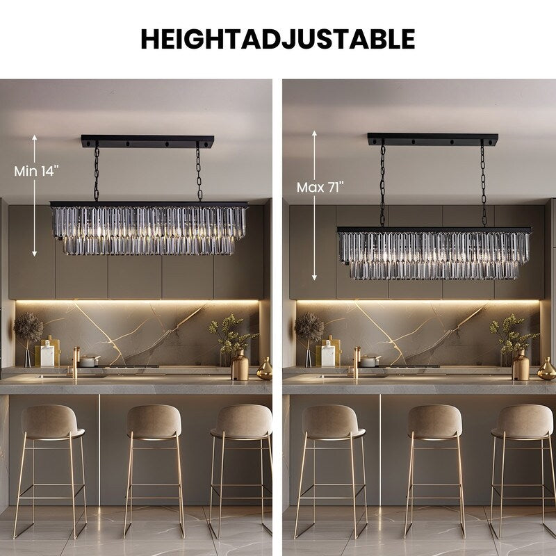 Lustre contemporain en cristal gris fumé et noir de 47 po, luminaire suspendu linéaire à deux niveaux pour îlot de cuisine et salle à manger