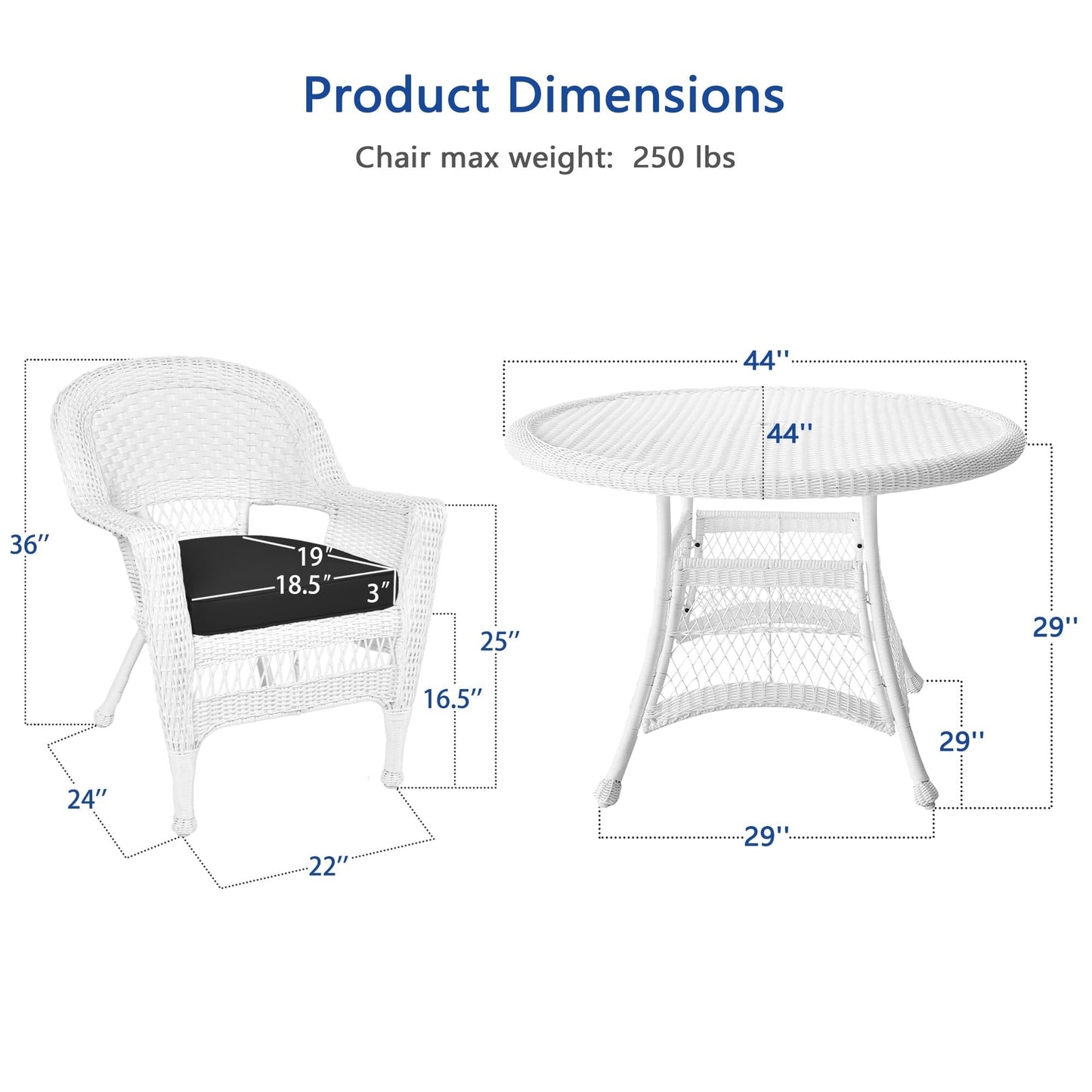 Ensemble de salle à manger en résine tressée blanche 5 pièces