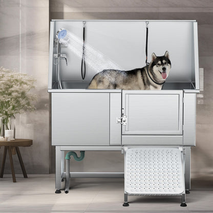 Baignoire de toilettage réglable en acier inoxydable de 50 po de largeur avec rampe - Argent