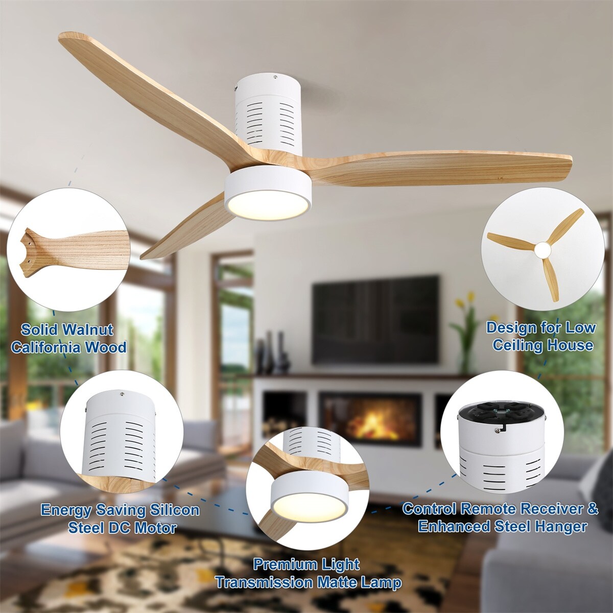Ventilateur de plafond encastré de style campagnard de 52 pouces avec éclairage et télécommande, moteur CC réversible