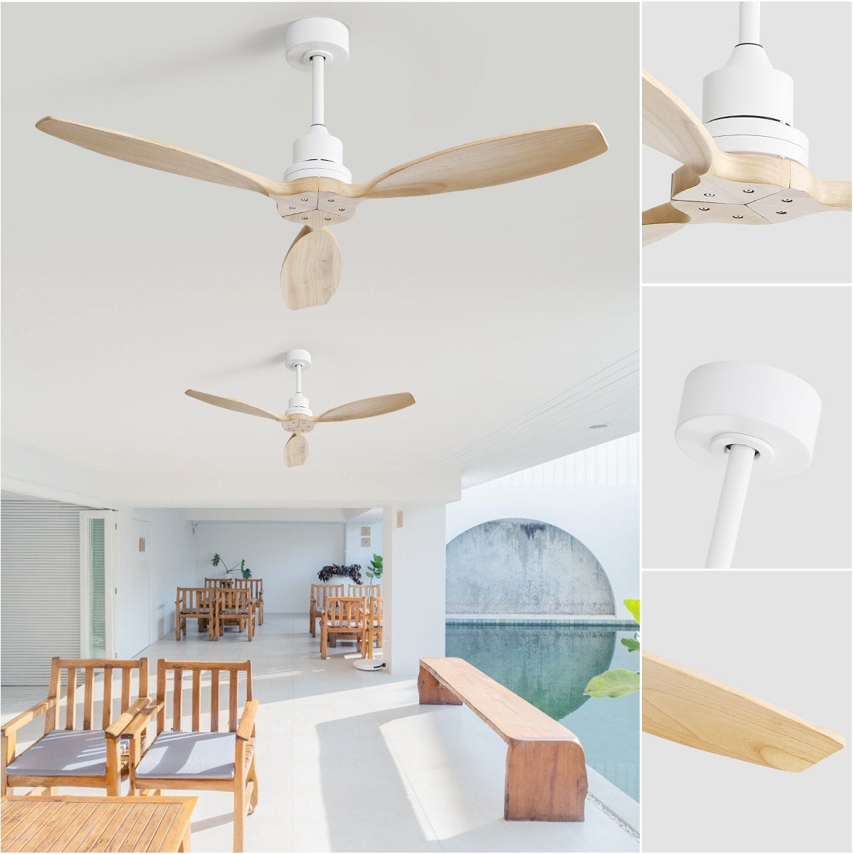 Ventilateur de plafond moderne en bois massif/ABS de 52 pouces avec télécommande (sans lumière), 6 vitesses de vent, flux d'air réversible