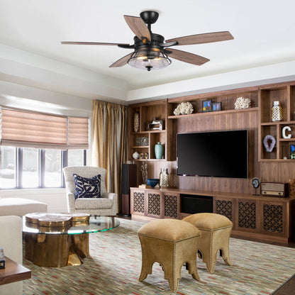 Ventilateur de plafond décoratif industriel en verre grainé noir de 52 pouces avec télécommande et kit d'éclairage