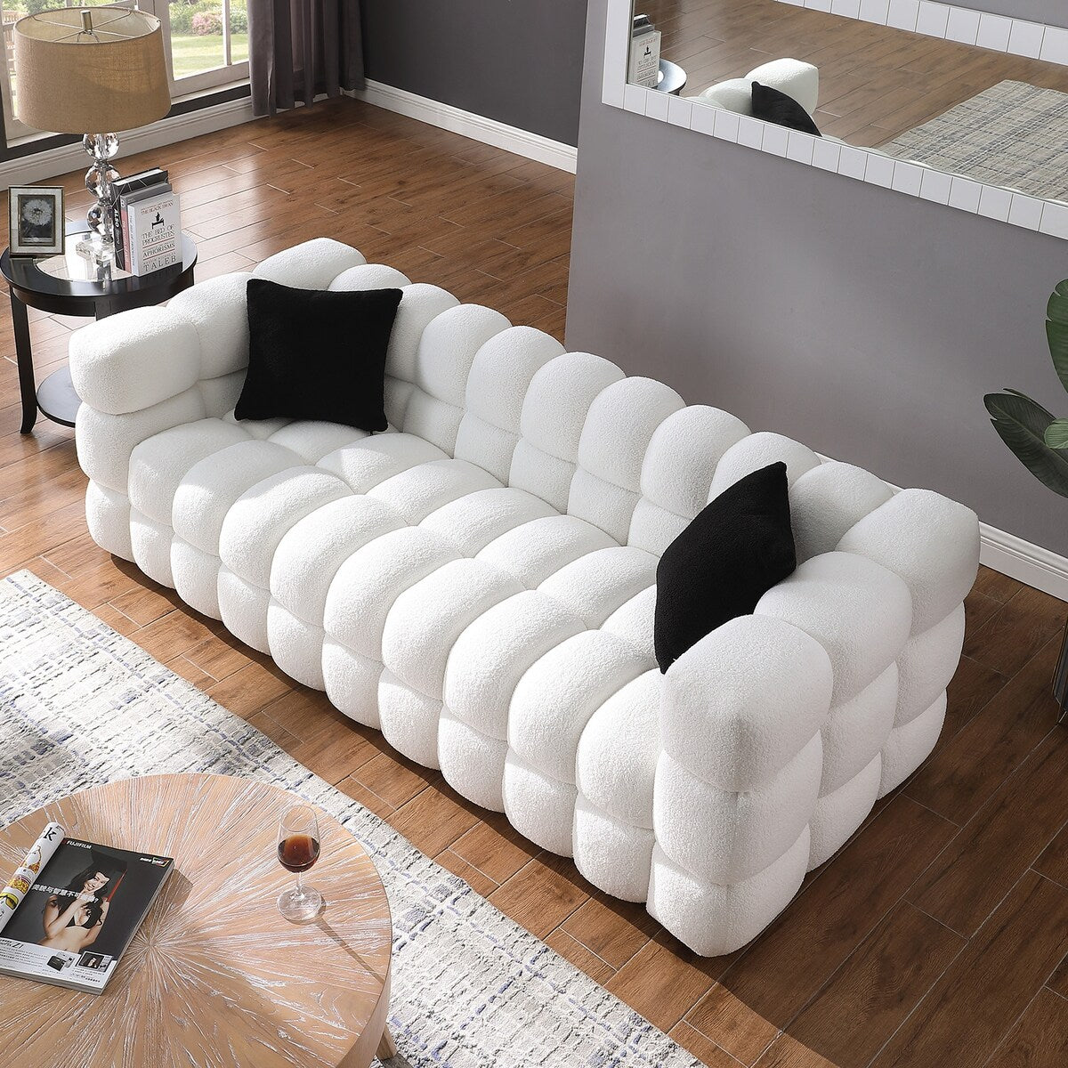 84.3 Luxueux grand canapé Boucle 3 places rembourré Marshmallow avec 2 coussins décoratifs carrés et accoudoir carré