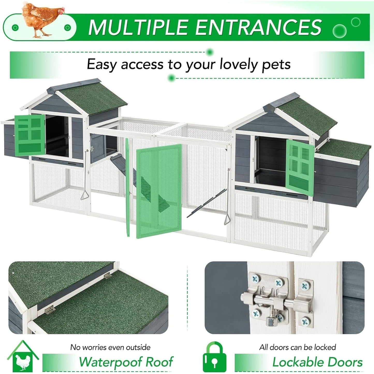 AECOJOY 144'' Grand Poulailler avec Enclos Clapier en Bois Cage à Volaille Maison