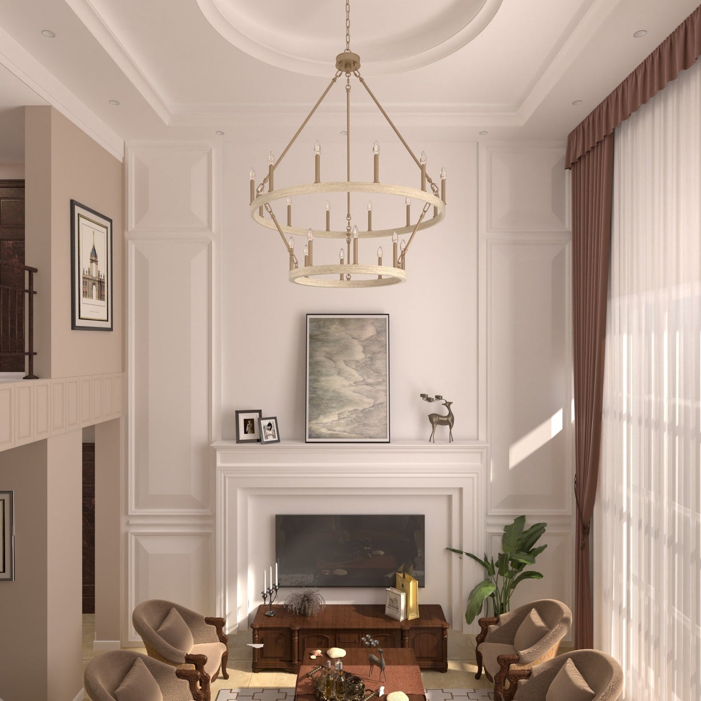 Lustre rond en forme de roue de chariot de style ferme moderne Acroma à 20 lumières de 40 po avec UL