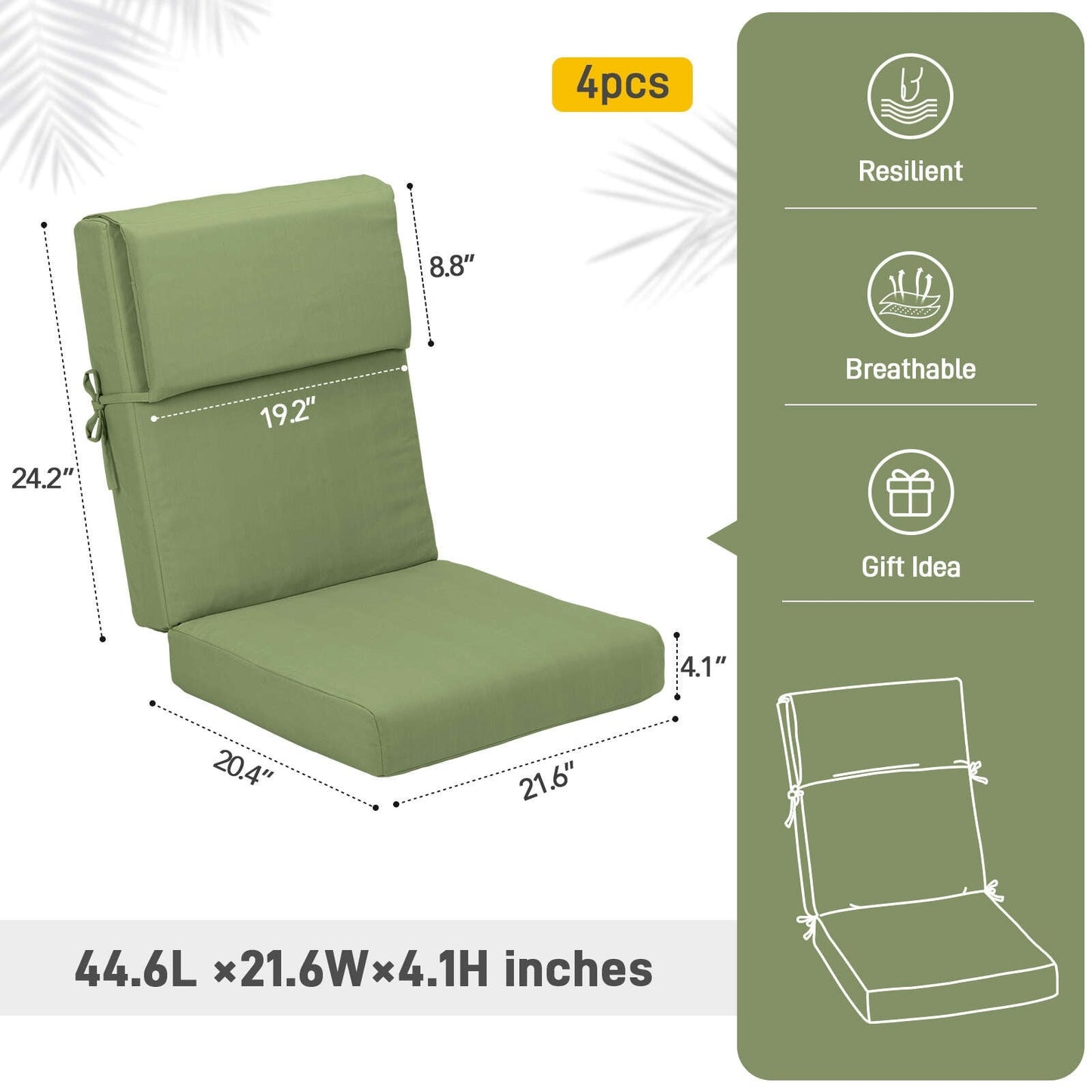 Lot de 4 coussins de chaise à dossier haut Aoodor Patio, 46 ​​x 21 x 4 pouces (coussins uniquement)