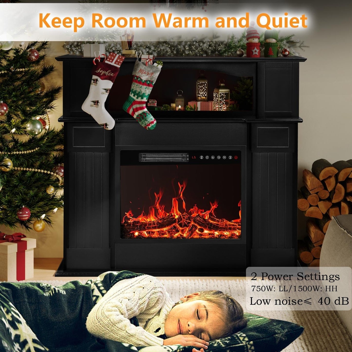 Cheminée électrique Bossin 43 avec manteau, insert de cheminée électrique de 23 pouces, meuble TV autonome avec foyer en bois