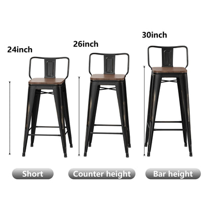 Lot de 4 tabourets de bar industriels en métal avec dossier et assise en bois