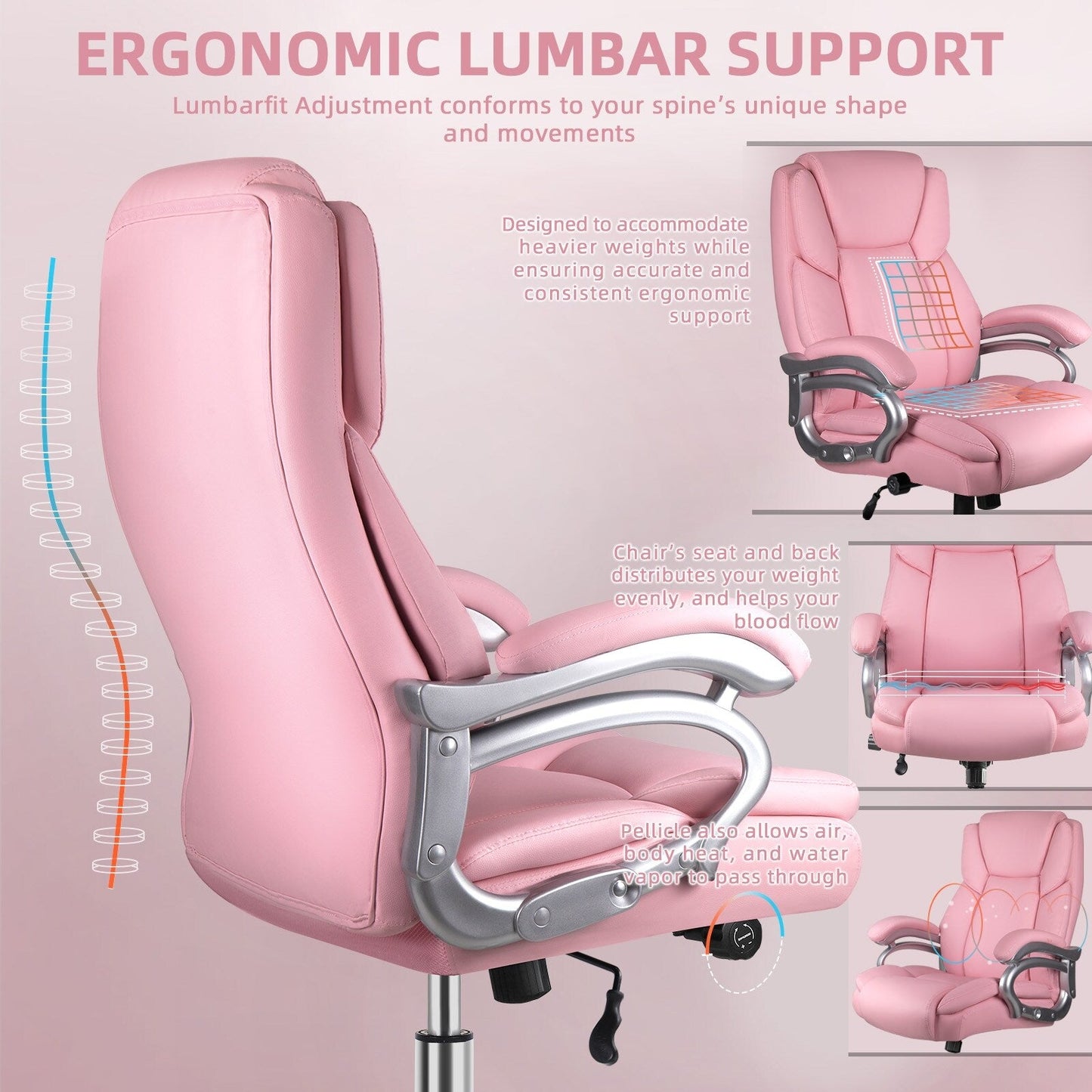 Chaise de bureau exécutive Bossin Big and Tall, chaise ergonomique à support lombaire réglable de 500 lb avec dossier haut en cuir PU pour ordinateur