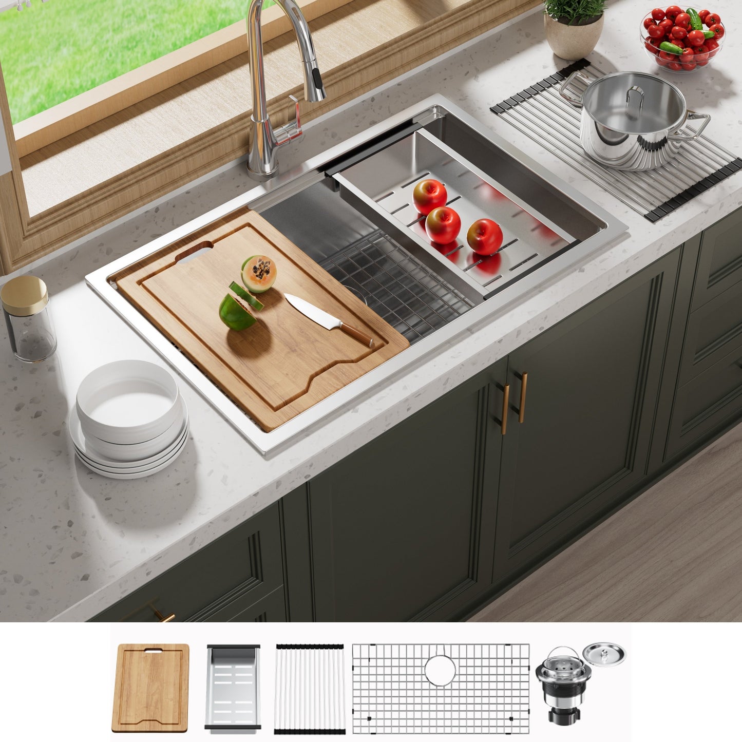 Évier de cuisine sous plan CB HOME 32 po, encastrable, noir/acier inoxydable, cuve simple avec accessoires