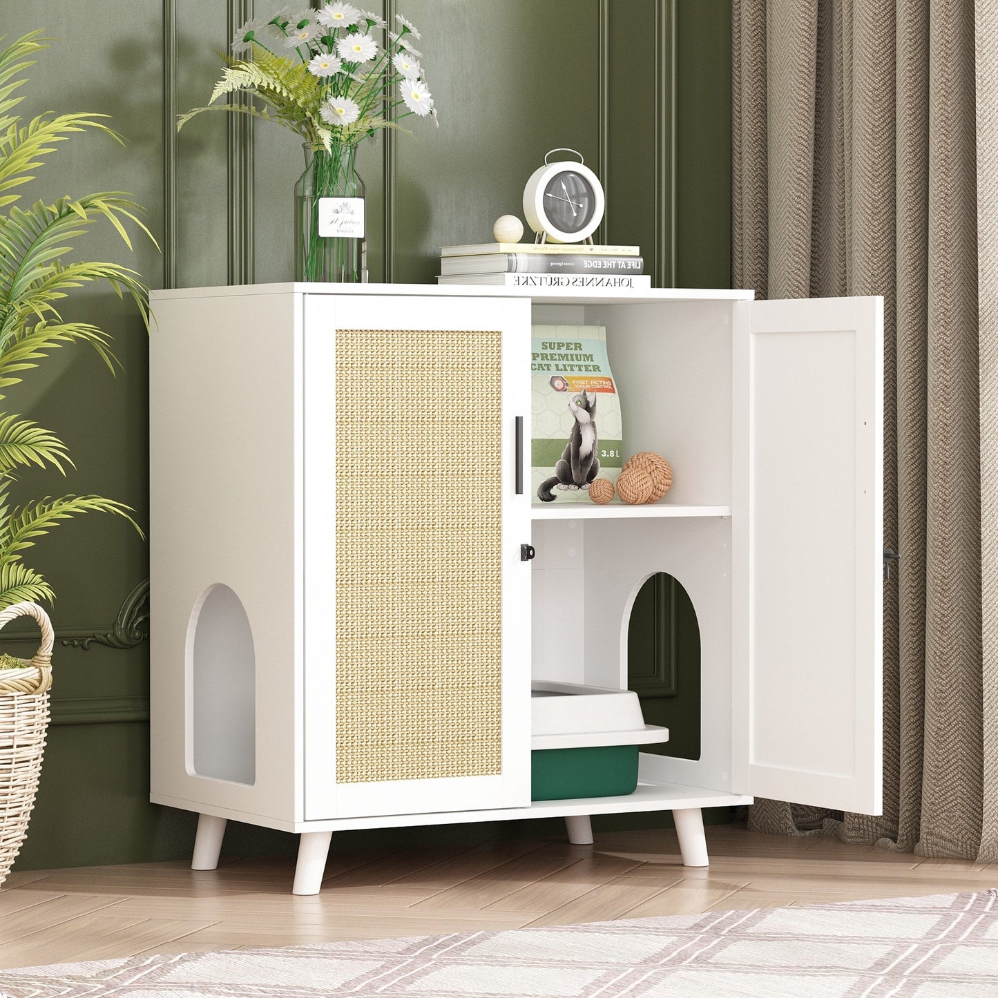 Bac à litière pour chat, maison pour chat, table d'appoint, porte, armoire, bibliothèque