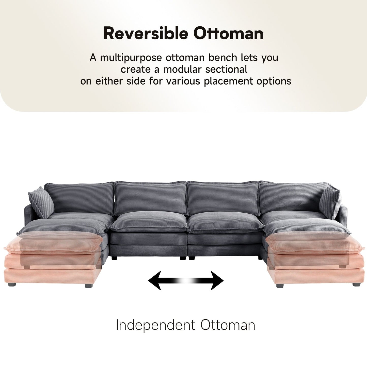 Canapé sectionnel en velours côtelé avec poufs amovibles et coussins ultra-doux pour salon et chambre