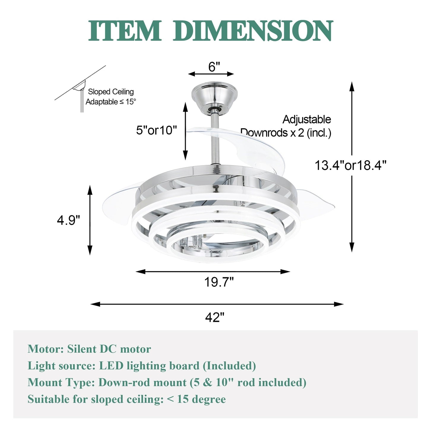 Ventilateur de plafond rétractable Cusp Barn 42 avec lumières et télécommande DIY Forme Fandelier Moderne Silencieux Moteur CC Plafonnier LED