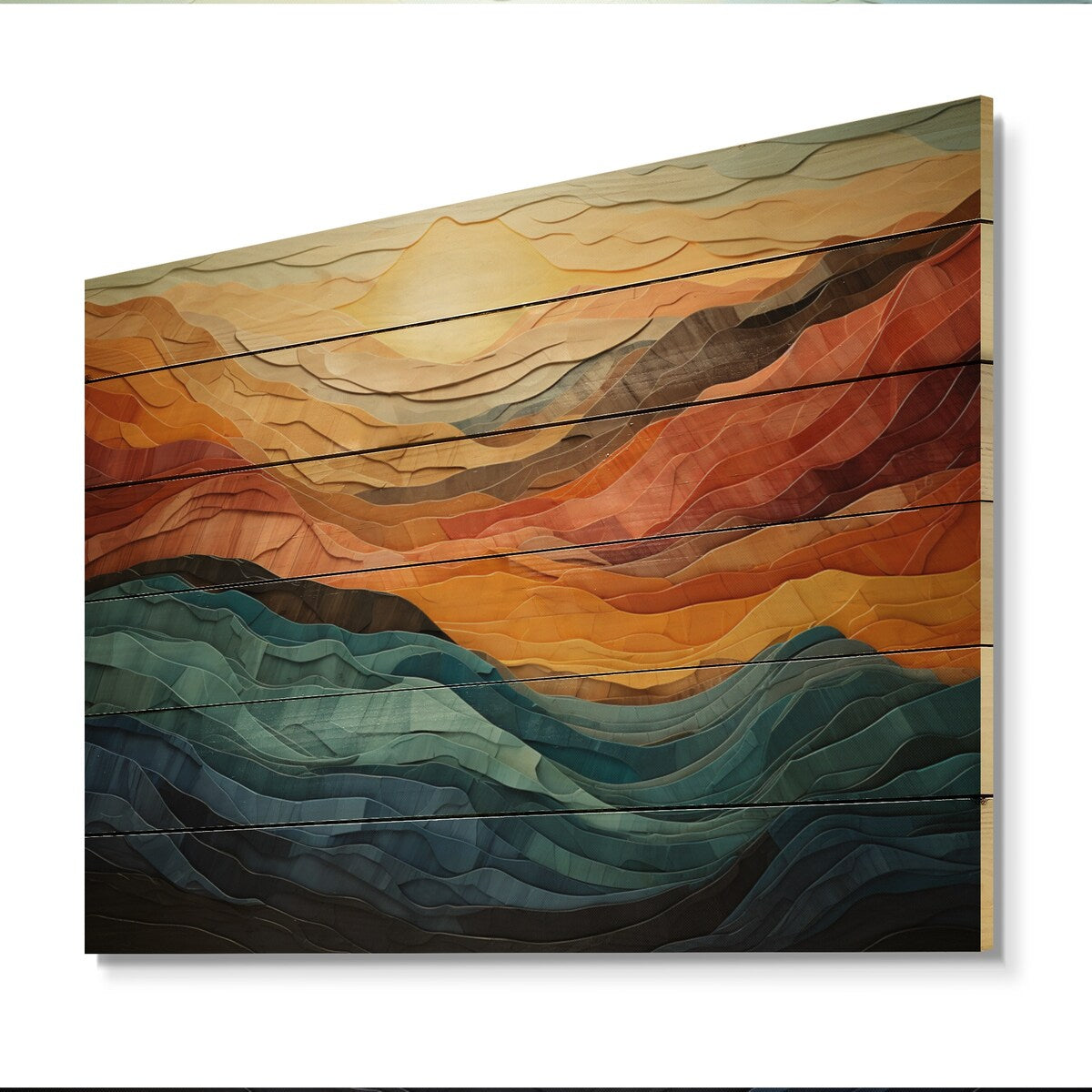 Impression moderne de paysage de montagnes audacieuses corail sarcelle Designart sur bois de pin naturel