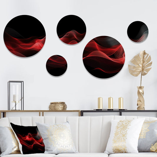 Designart Rouge Noir Contemplative Abstraction IX Moderne Vagues Métal Rond Art Mural Ensemble De 5