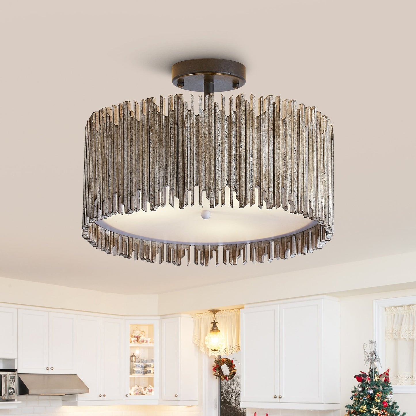 Plafonnier semi-encastré à 3 lumières en bois blanc vieilli