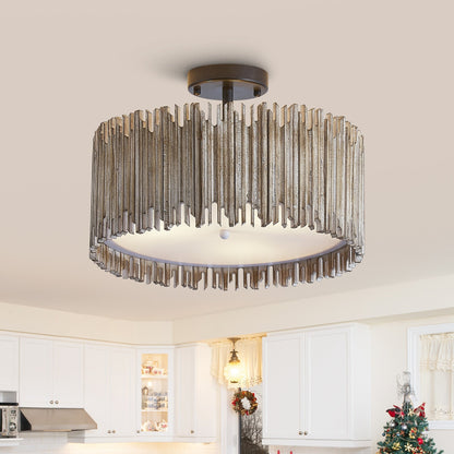 Plafonnier semi-encastré à 3 lumières en bois blanc vieilli