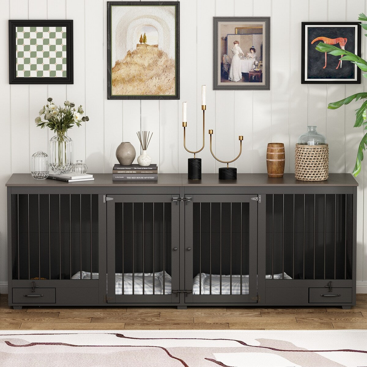 Meubles pour cage à chien - Niche en bois avec séparateur de pièce et 2 tiroirs