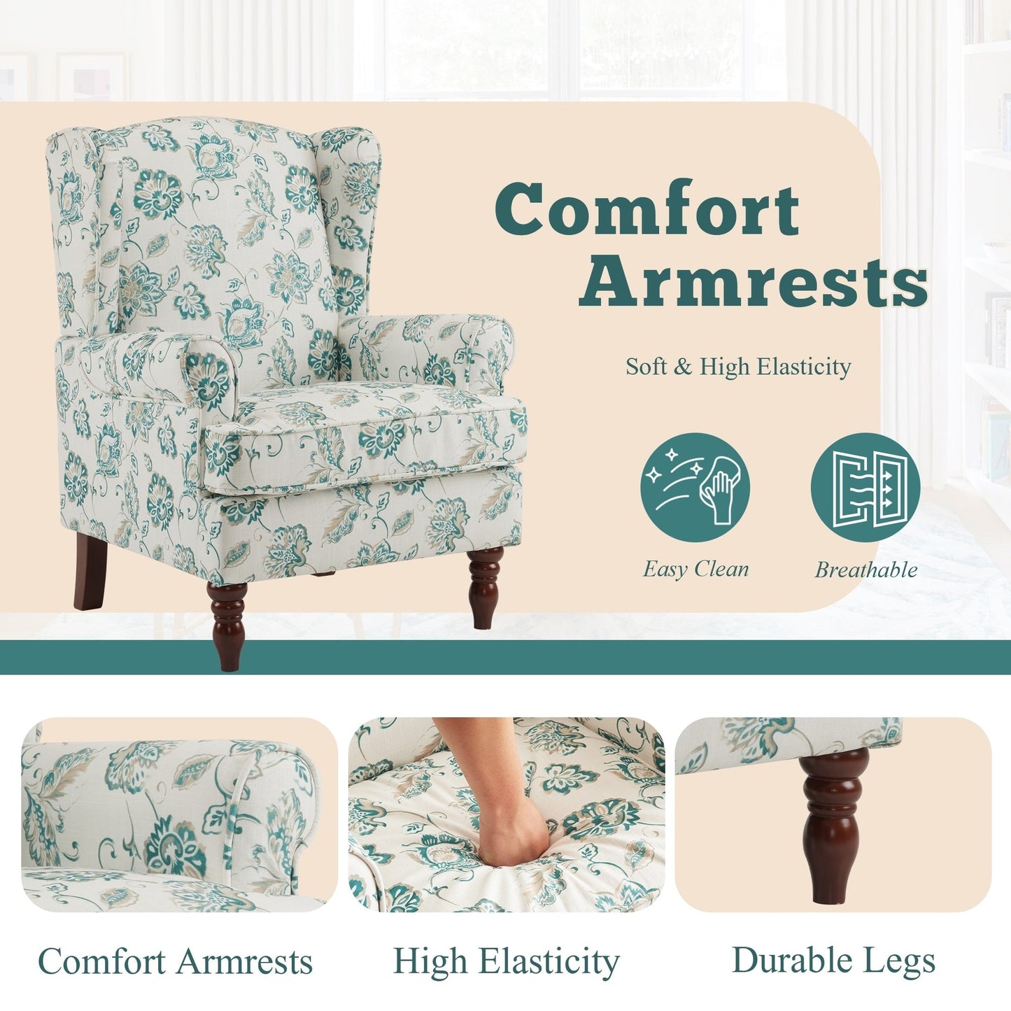 Fauteuil d'appoint moderne Erommy, fauteuil à dossier haut, canapé simple en tissu rembourré avec pieds en bois pour le salon