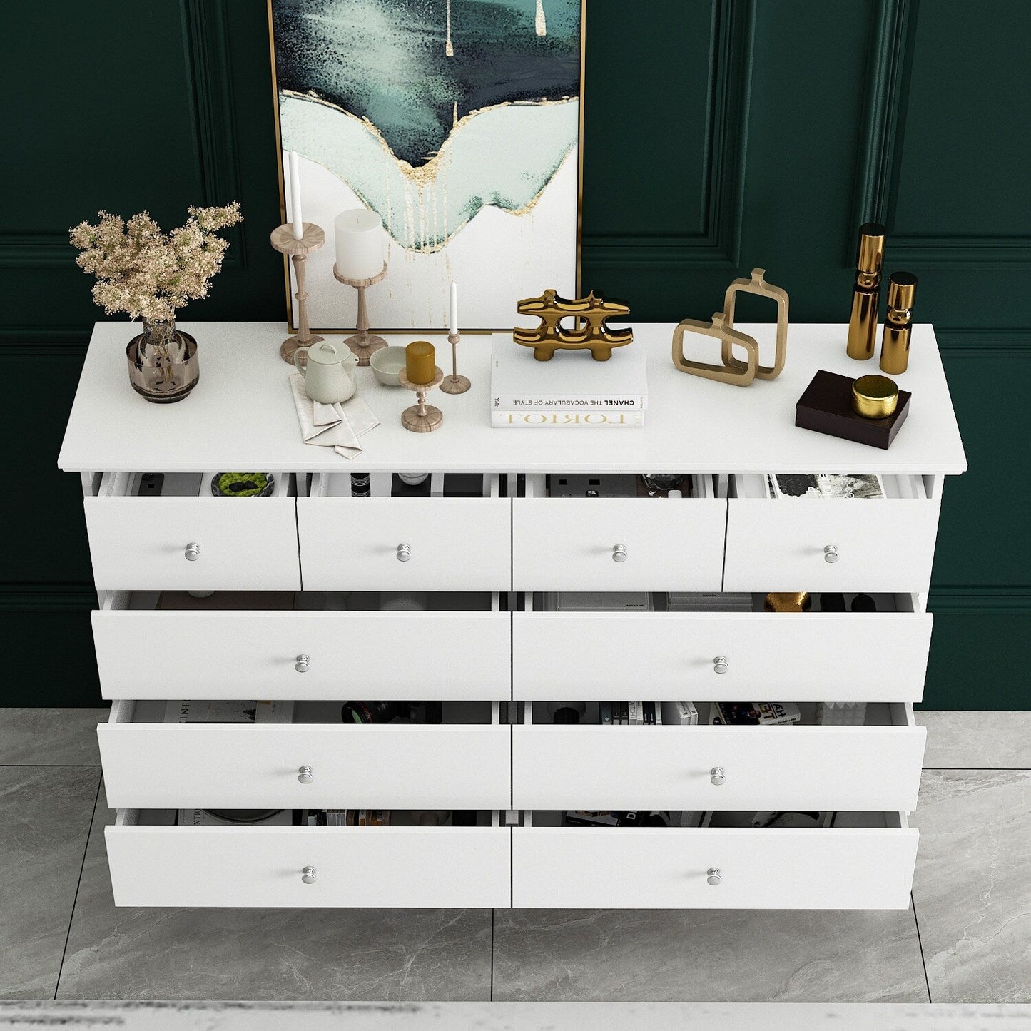 Commode double à 10 tiroirs pour chambre à coucher, commode blanche, grand espace de rangement