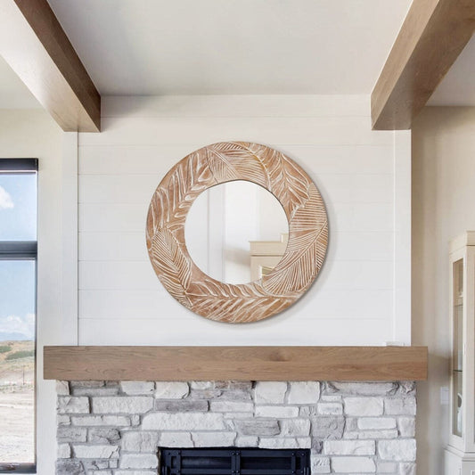Miroir mural rond en bois sculpté de style ferme - 28 x 28