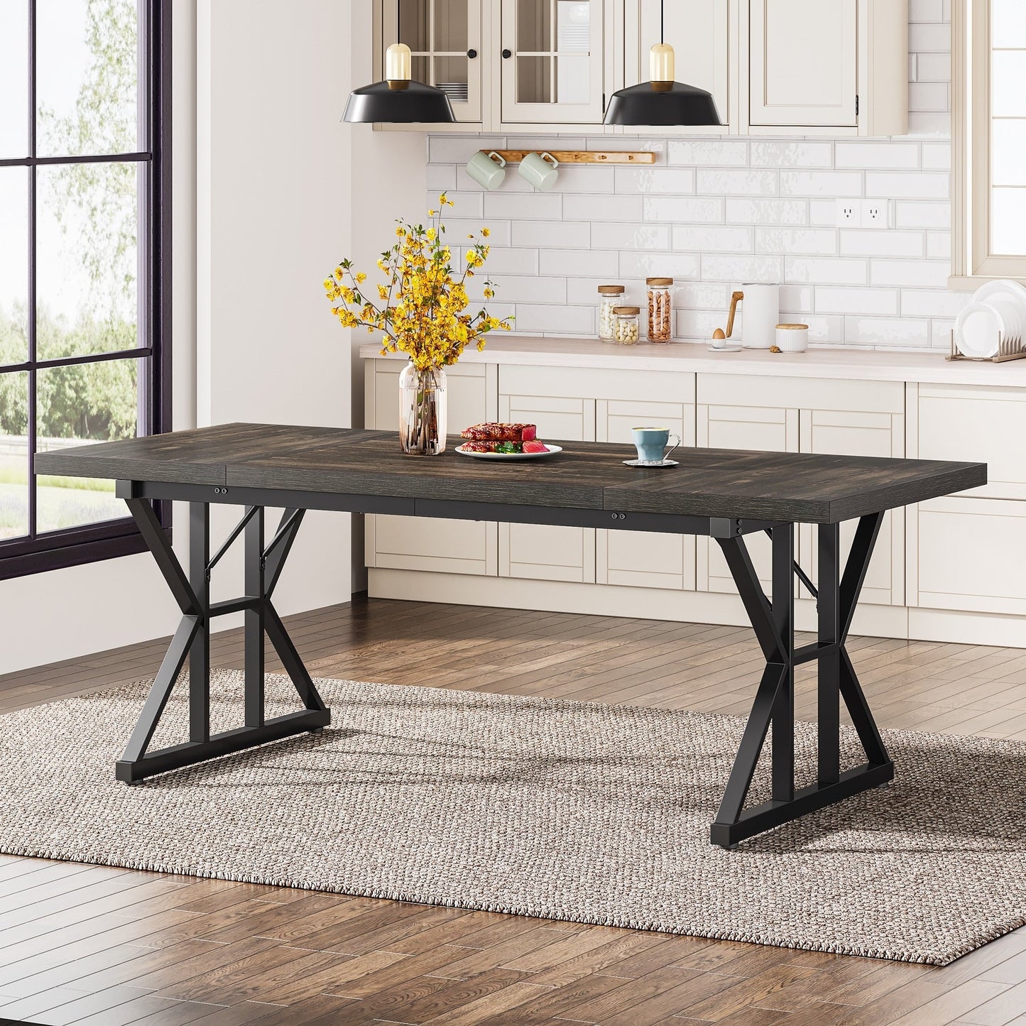 Table à manger de style ferme pour 6 personnes, table de cuisine rectangulaire en bois de 70,8 pouces