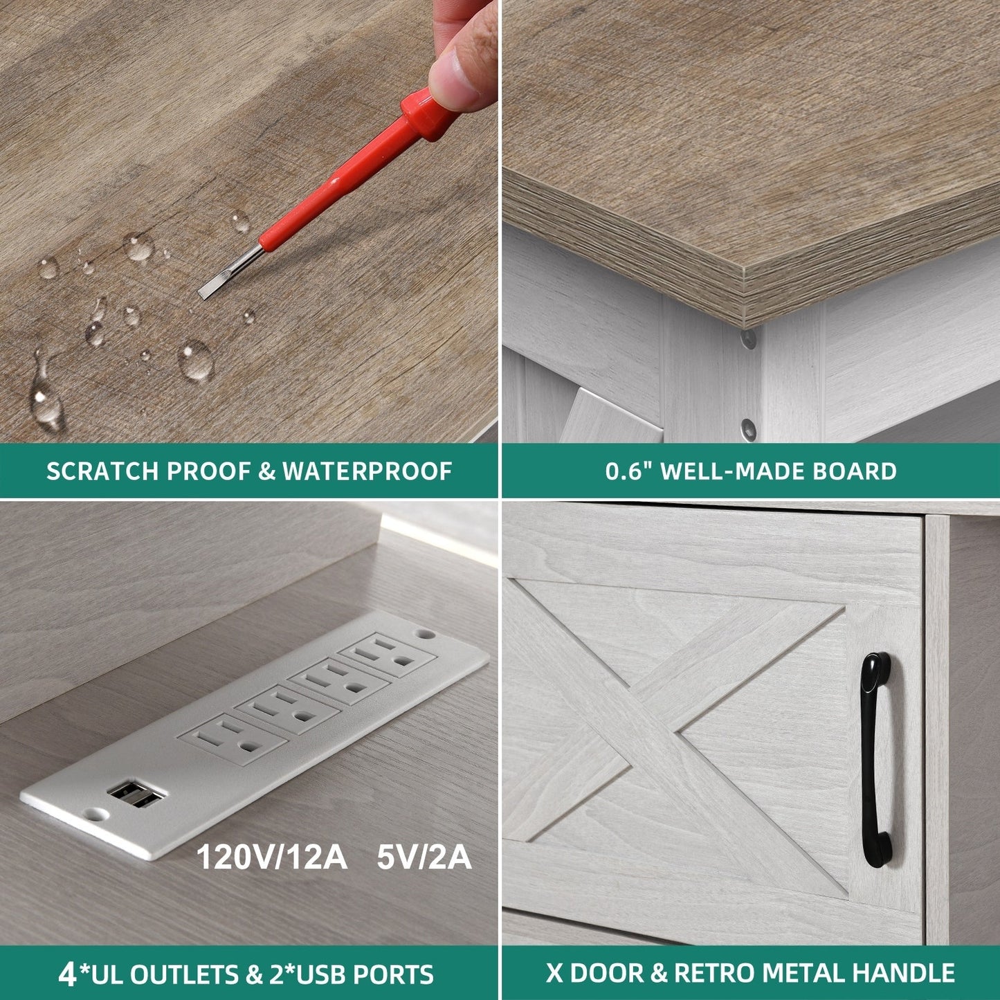 Meuble TV Farmhouse pouvant accueillir jusqu'à 65 téléviseurs avec portes et étagères ouvertes Console multimédia Prise de courant